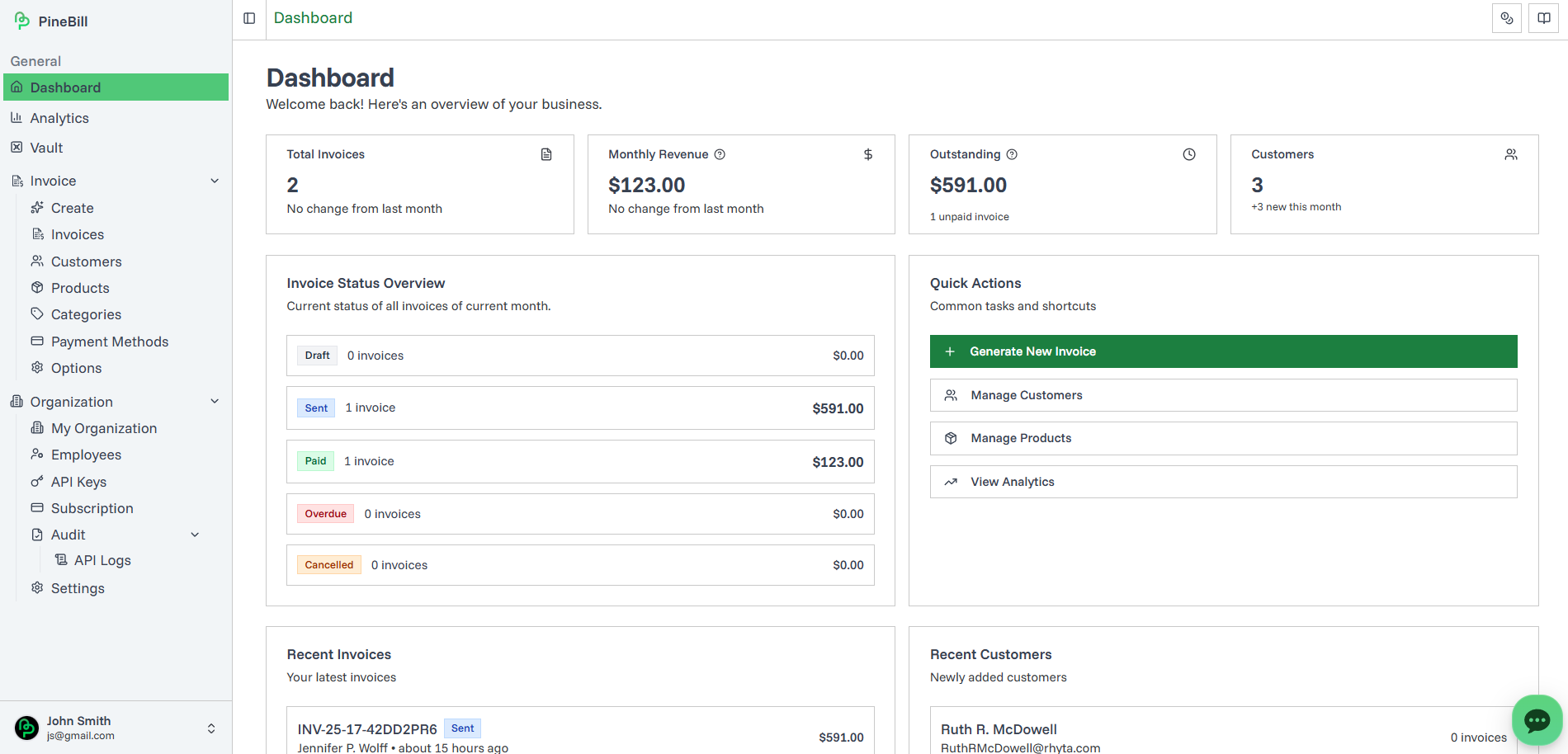 PineBill Dashboard Screen