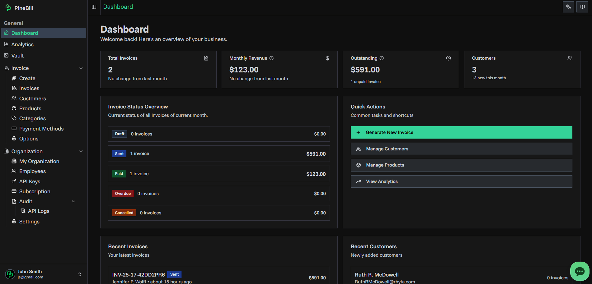 PineBill Dashboard Screen