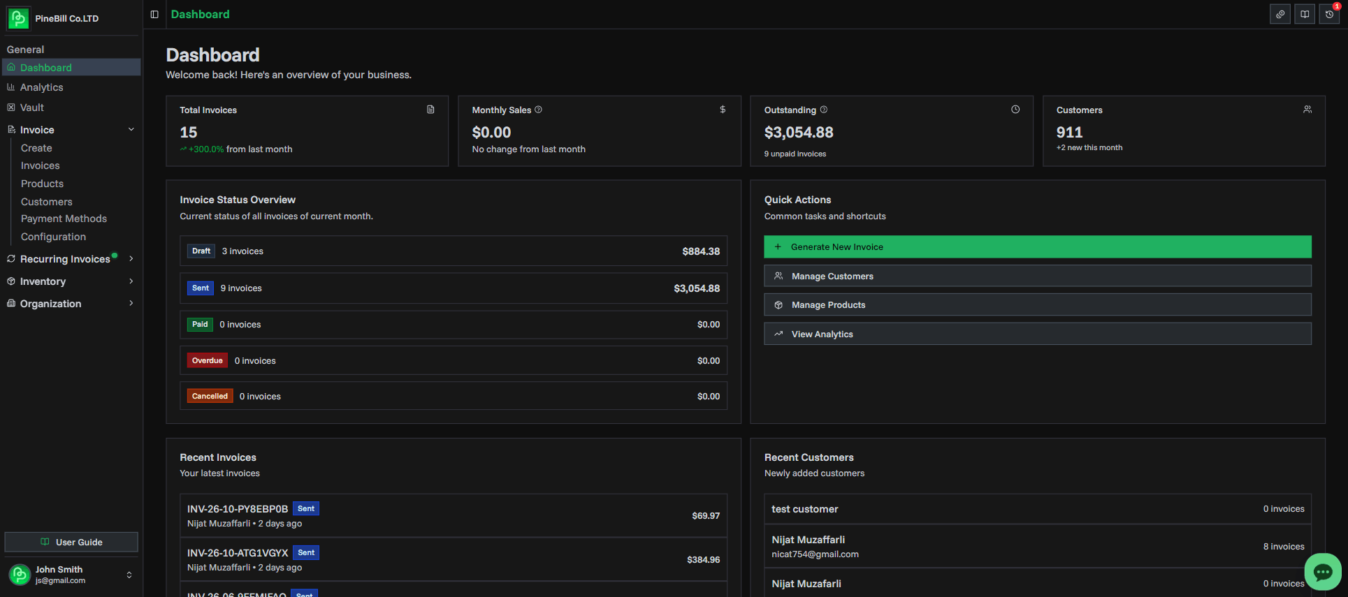PineBill Dashboard Screen
